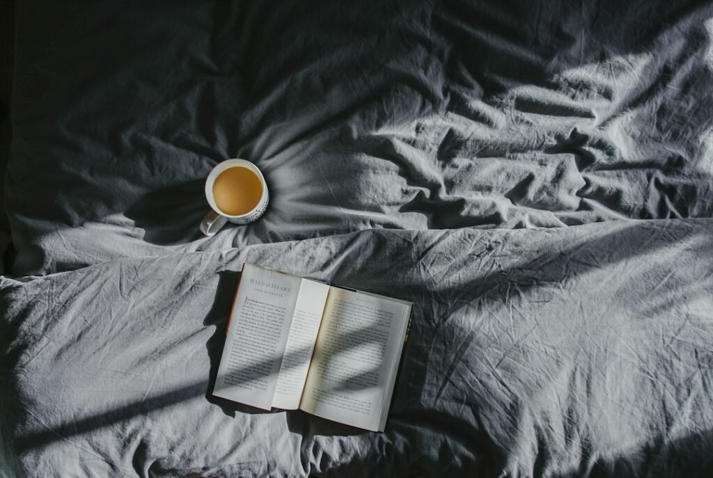 A calm morning scene with a warm drink and a book